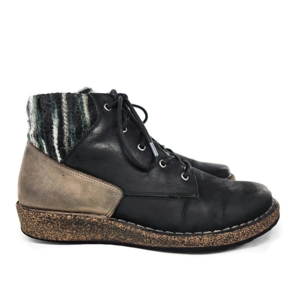 Aetrex Jolie Black Leather Black & Grey Sweater Lace-Up Round-Toe Ankle Boots